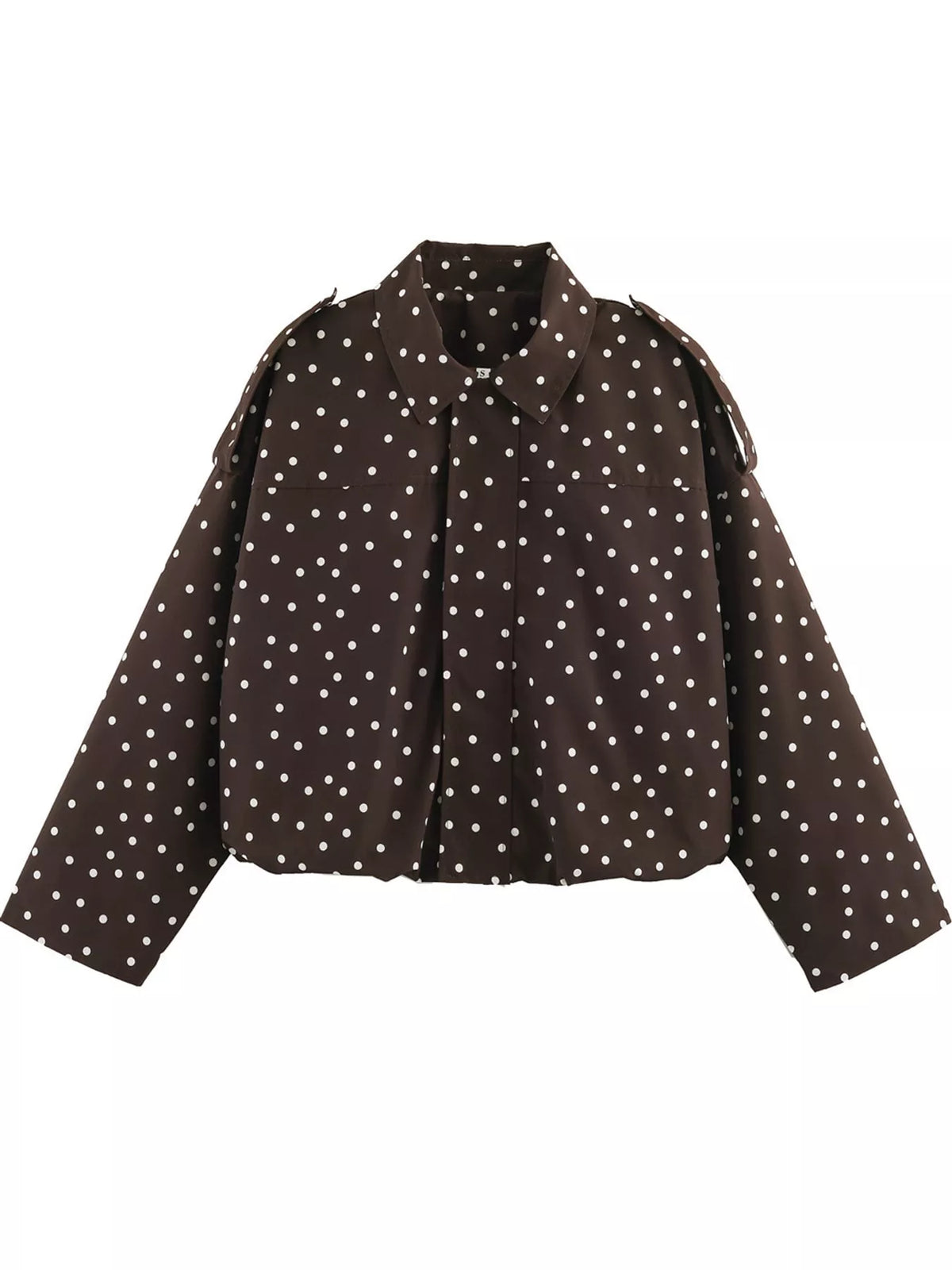 Brown polka dot zip-up jacket — front view