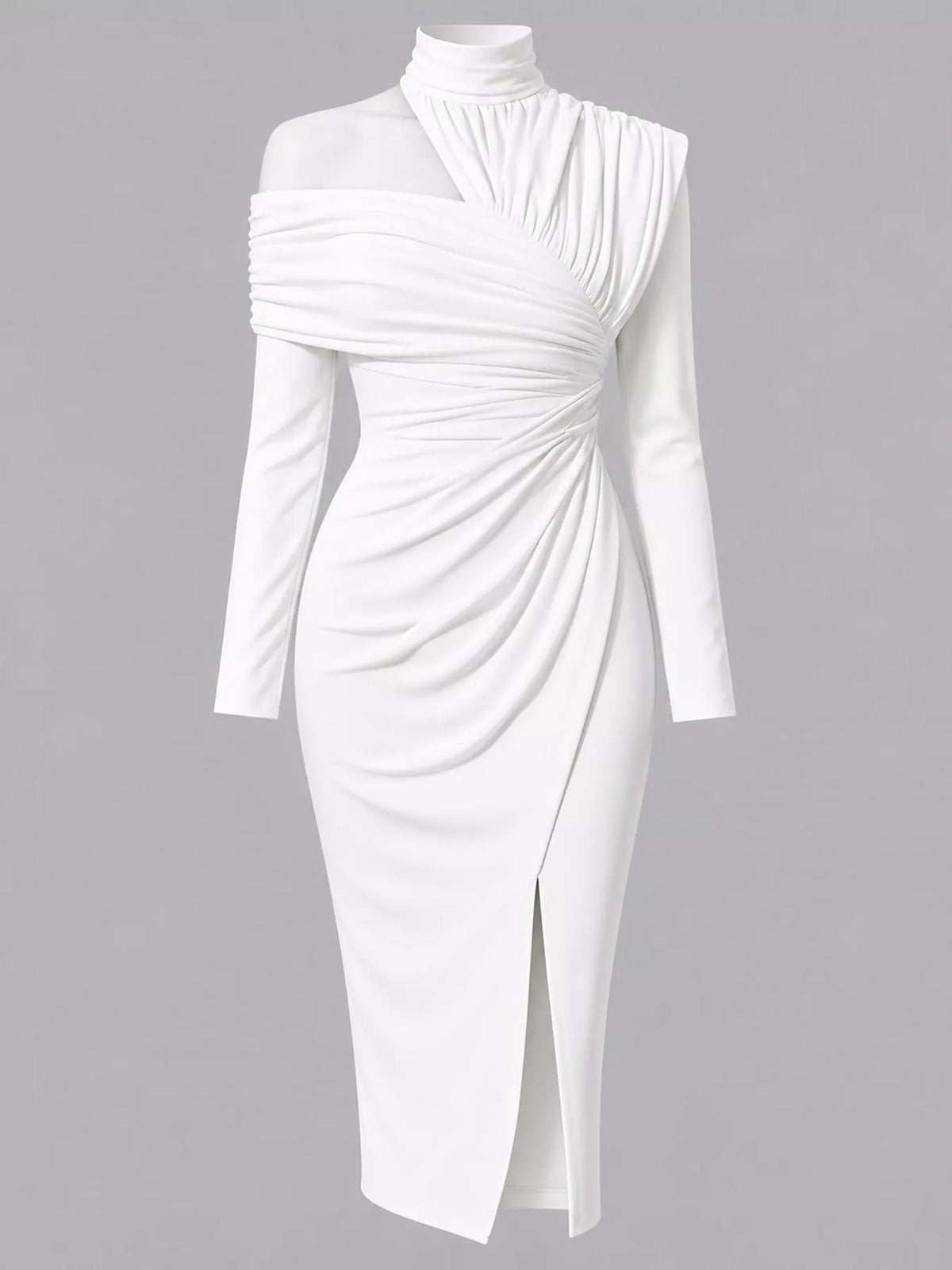 Asymmetric Cutout High-Neck Ruched Bodycon Midi Dress in white