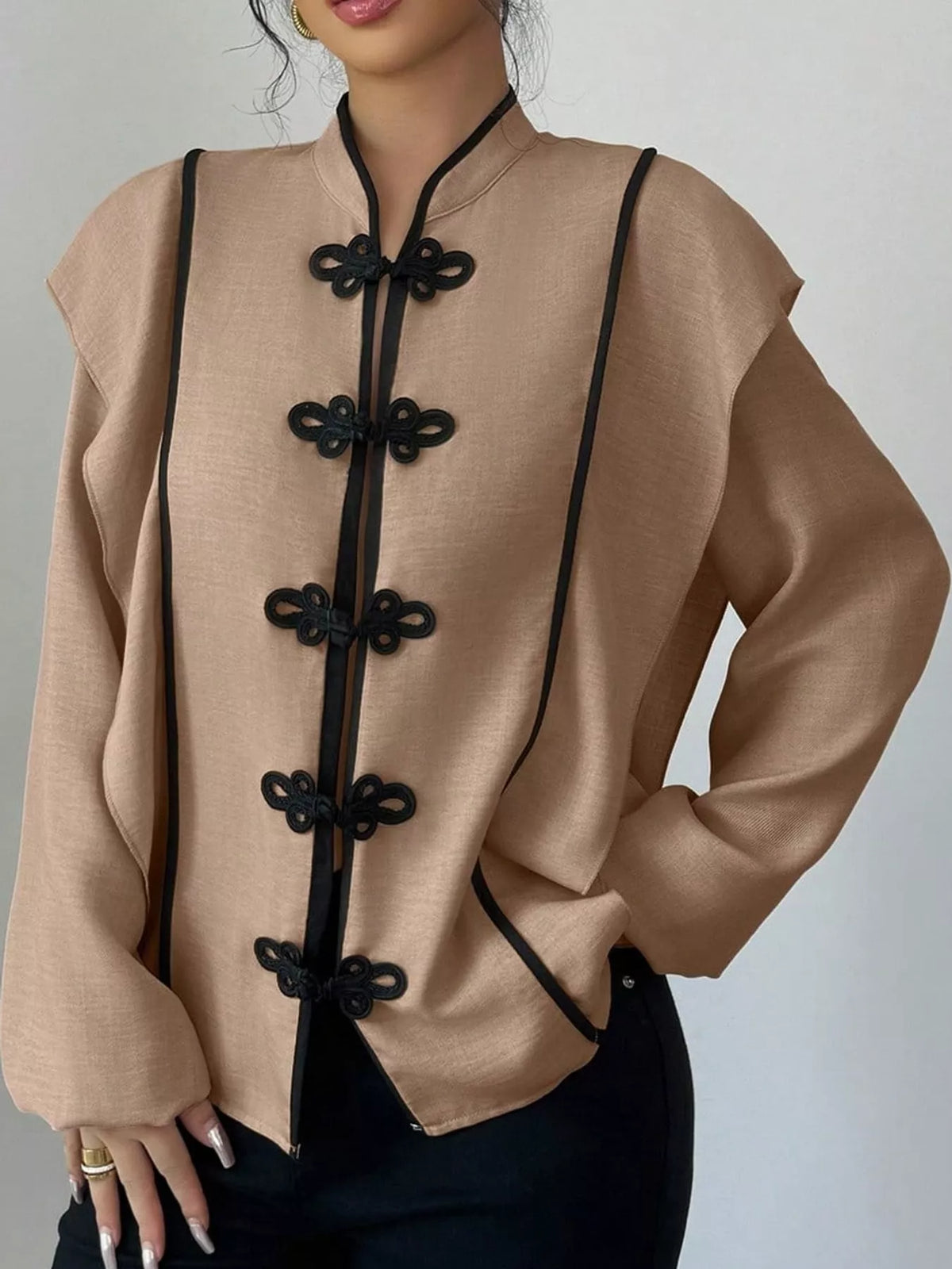 Brown chinese-style mandarin collar blouse