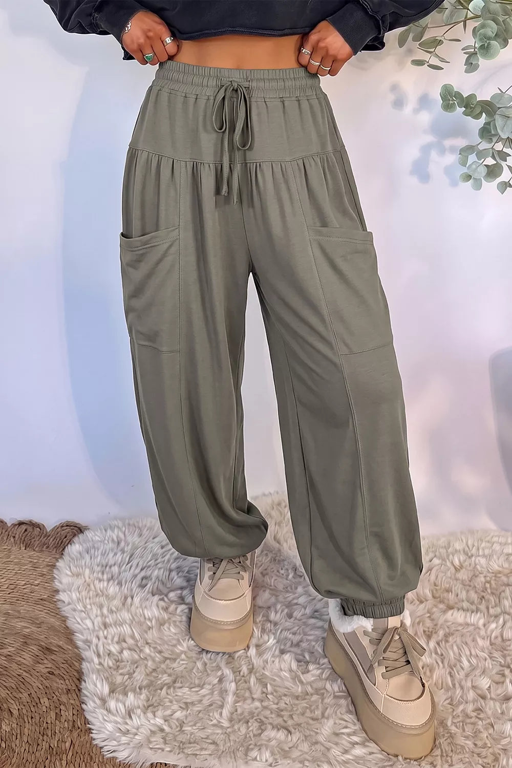 Drawstring Patch Pocket Jogger Pants in gray green, front view