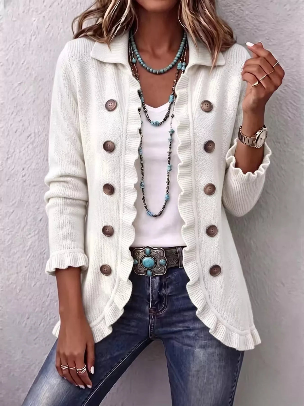 White ruffle-trim button-front cardigan