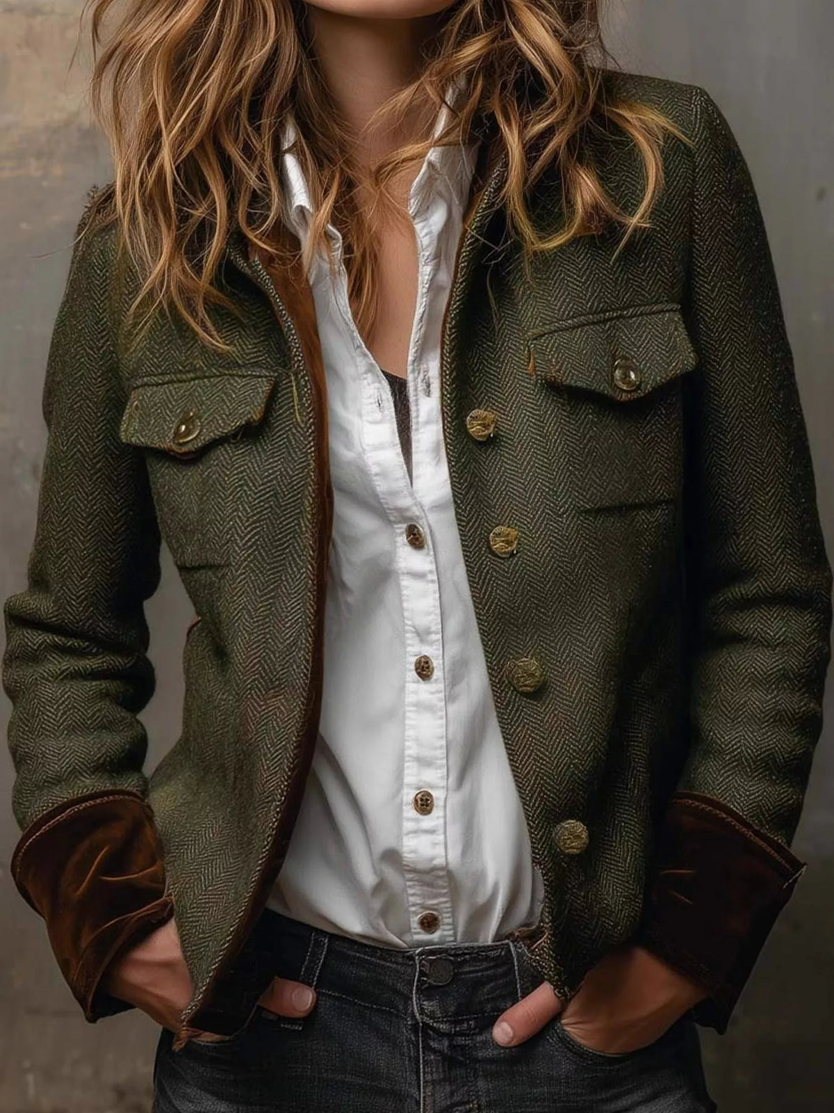 Green herringbone tweed blazer with velvet cuffs