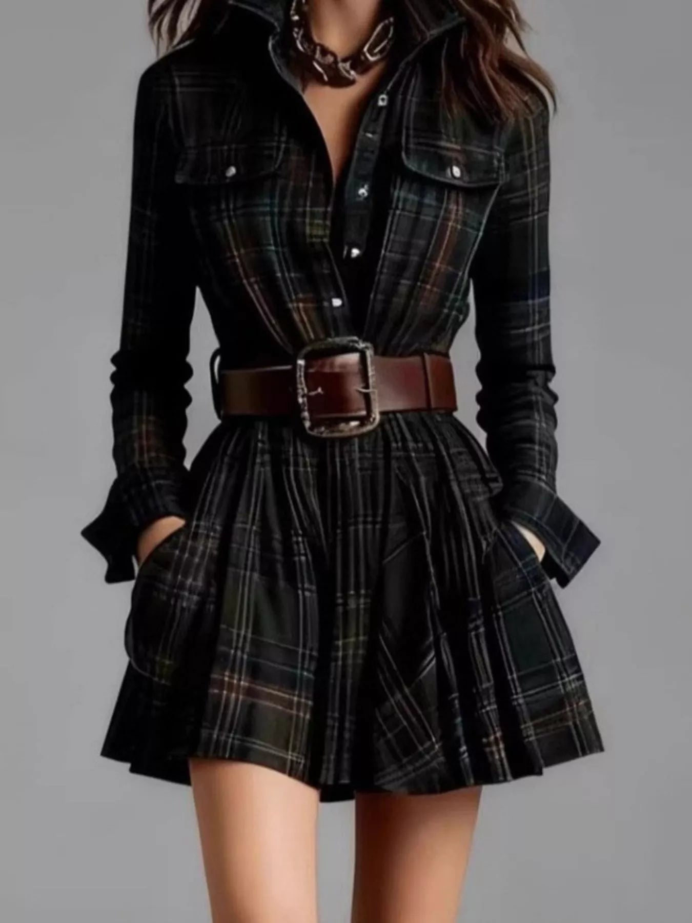 Trendsi Plaid Long Sleeve Shirt Dress -