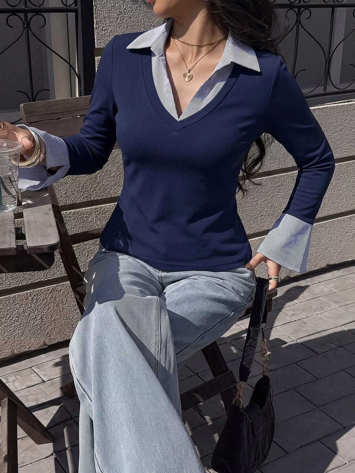 Trendsi Contrast Collar Long Sleeve Top -