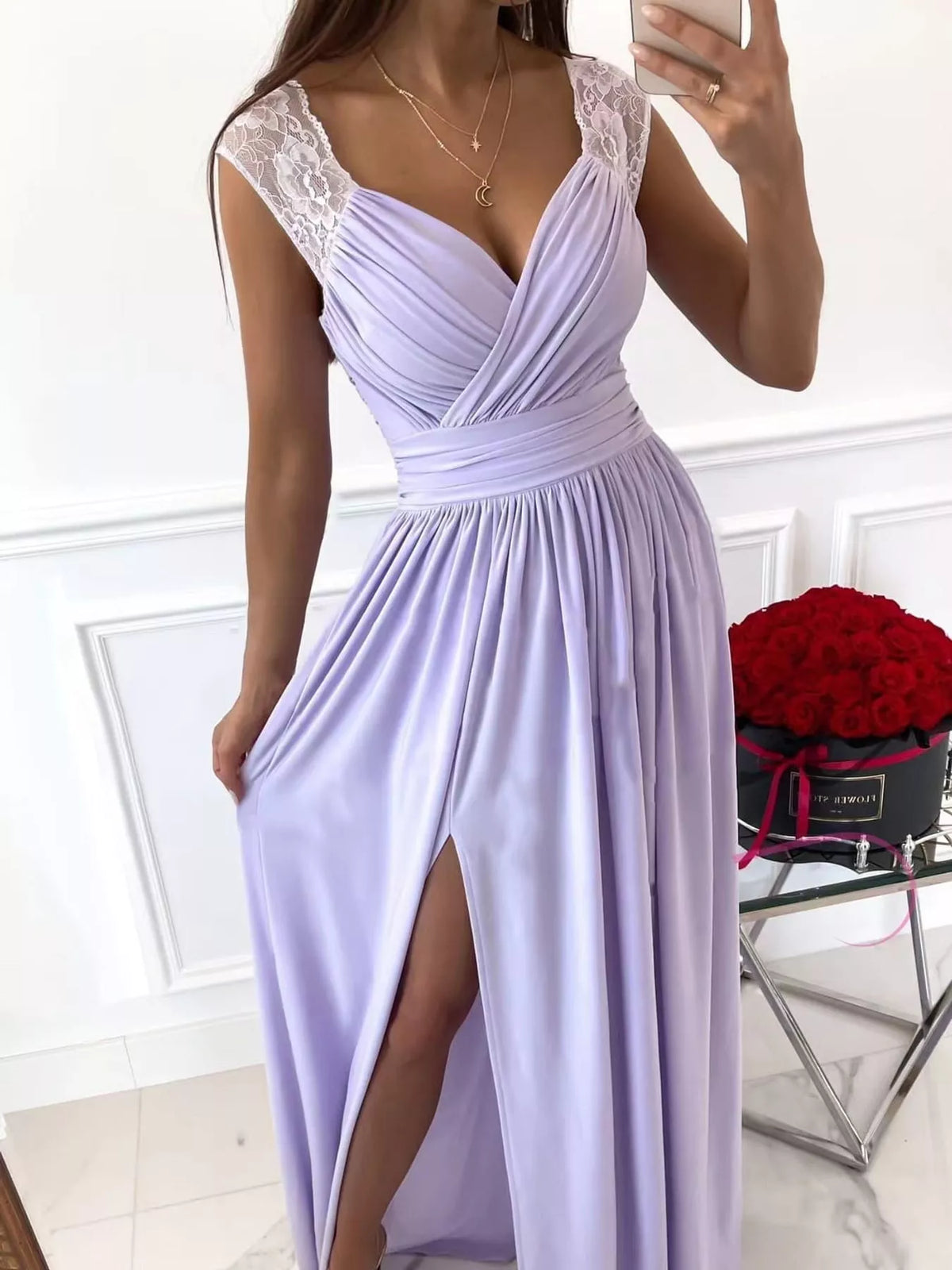 Slit Lace Sleeveless Maxi Dress — front view
