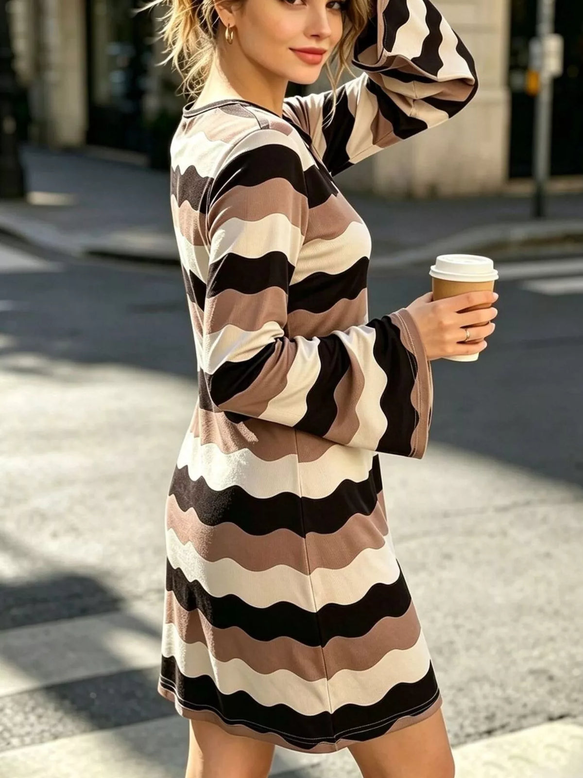 Split neck long sleeve mini dress, side view