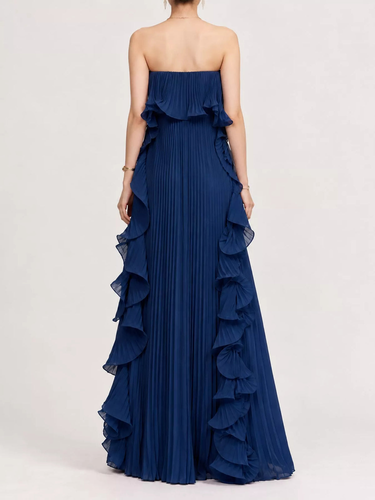 Ruffled Strapless Pleated Maxi Dress — back view