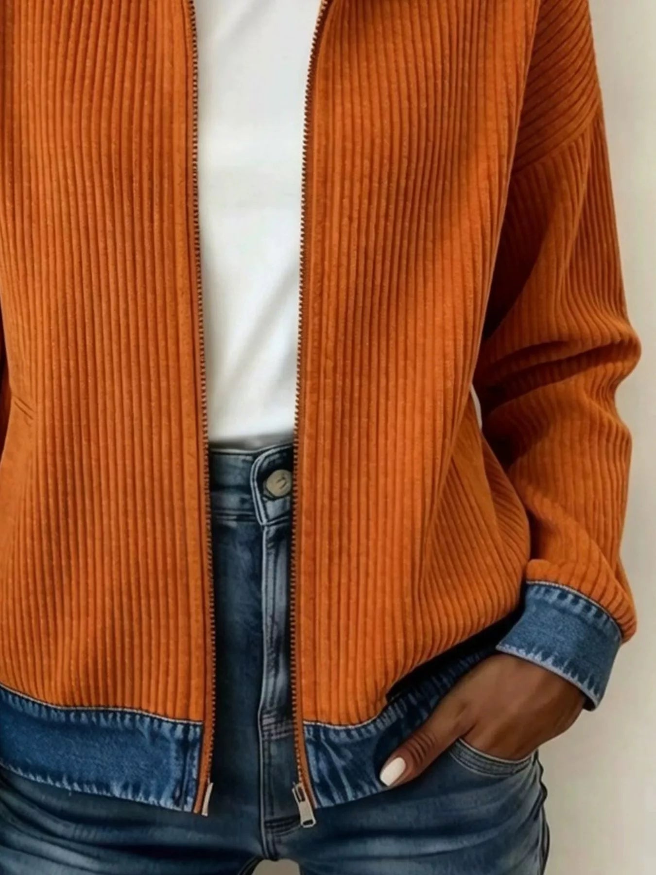 Trendsi Contrast Denim Collar Ribbed Knit Jacket - Outerwear