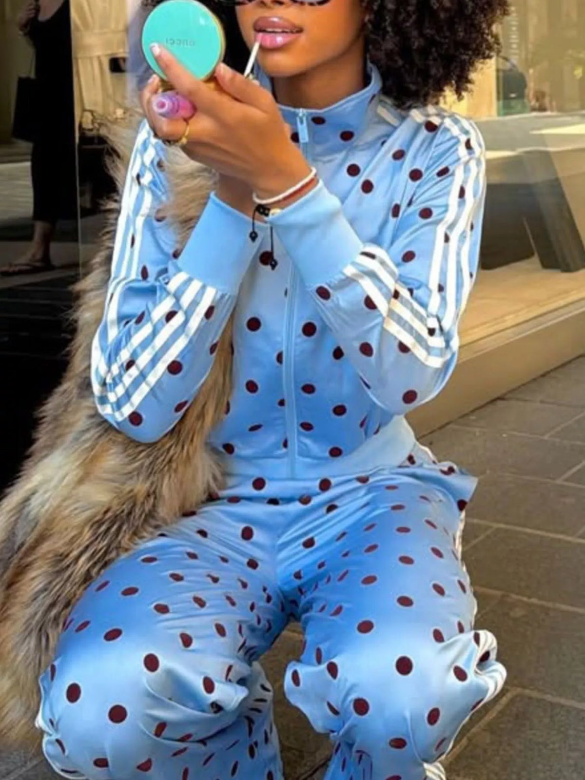 Trendsi Polka Dot Side Striped Outerwear and Pants Set -