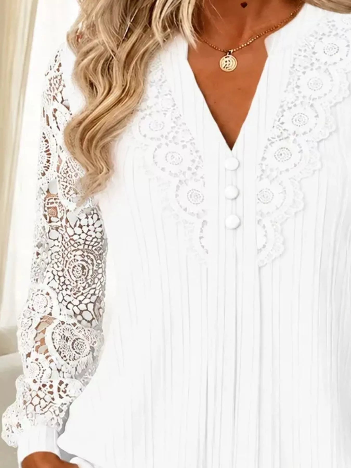 Trendsi Lace Long Sleeve Notched Blouse -