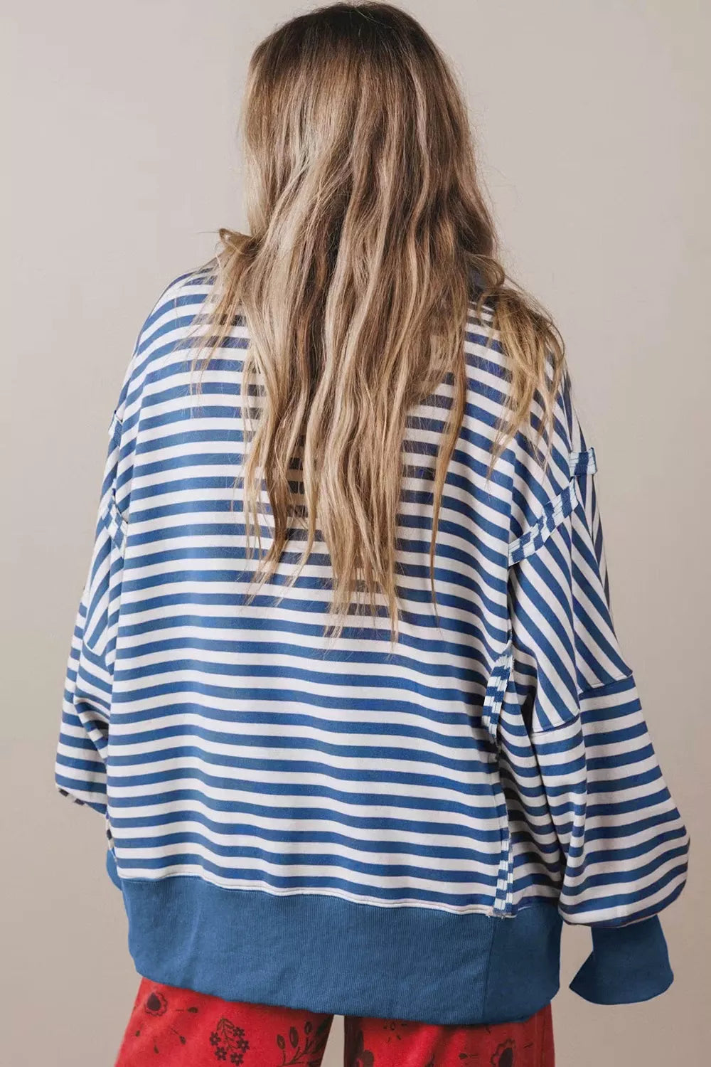 Trendsi Stripe Color Block Trim Raw Seam Split Hem Loose Sweatshirt -