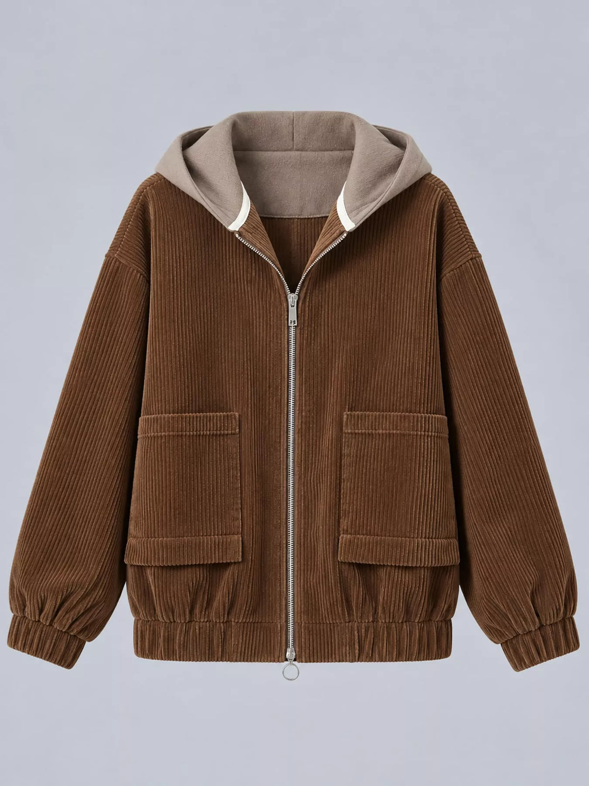 Brown corduroy hooded zip-up jacket — front view