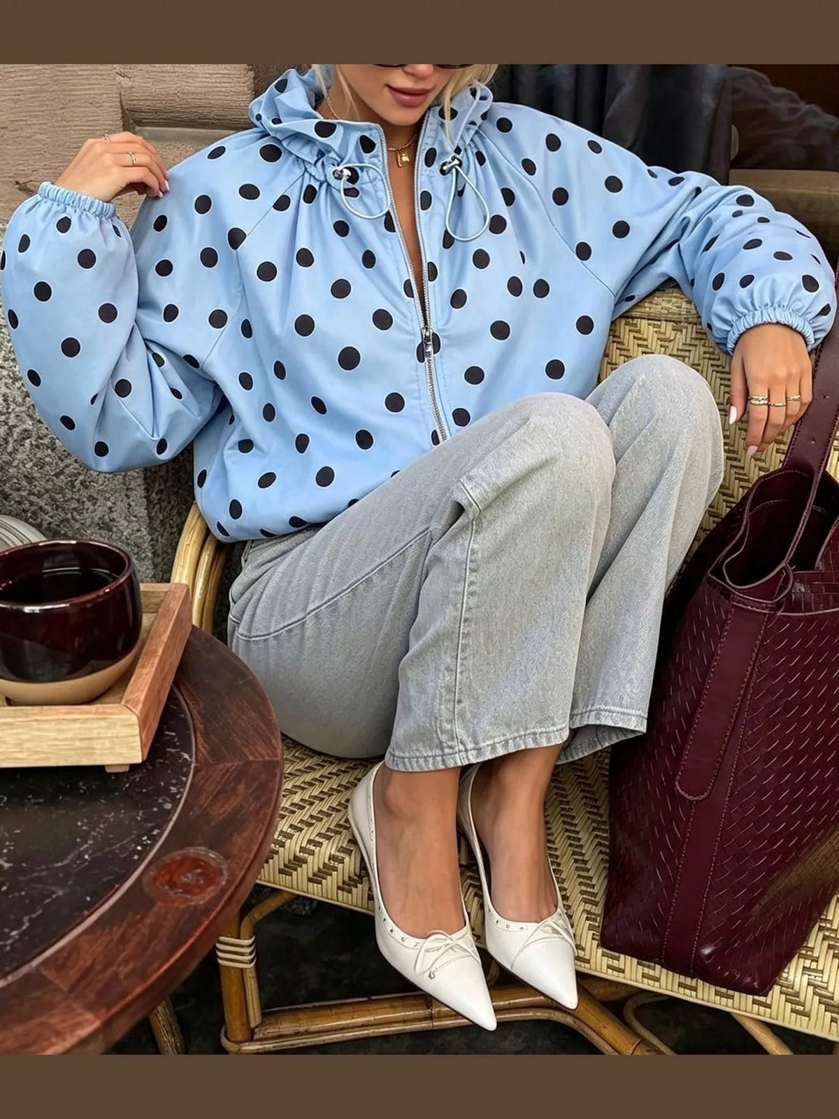 Polka Dot Drawstring Zip-Up Jacket — front view