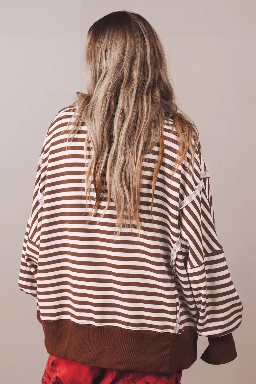 Trendsi Oversized Striped Henley Sweatshirt -