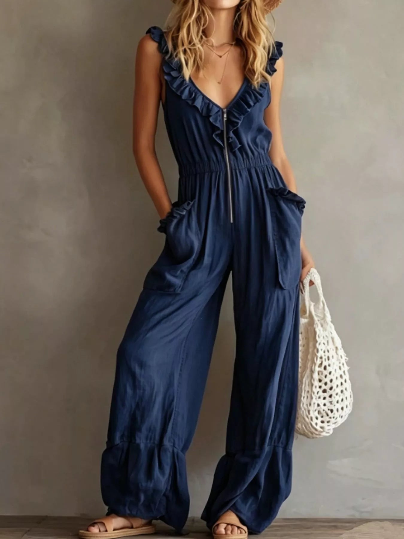 Trendsi Ruffled V-Neck Wide Leg Jumpsuit -
