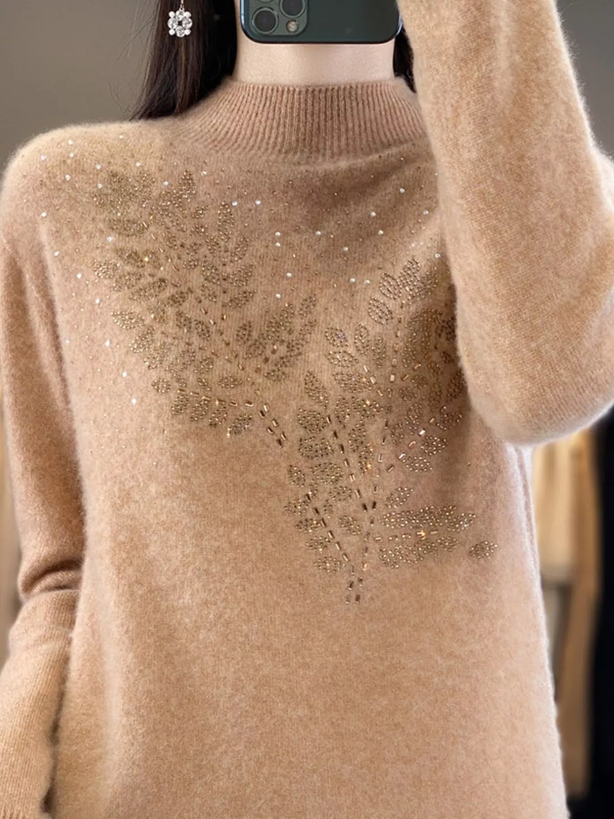 Rhinestone Leaf Mock Neck Sweater — front view