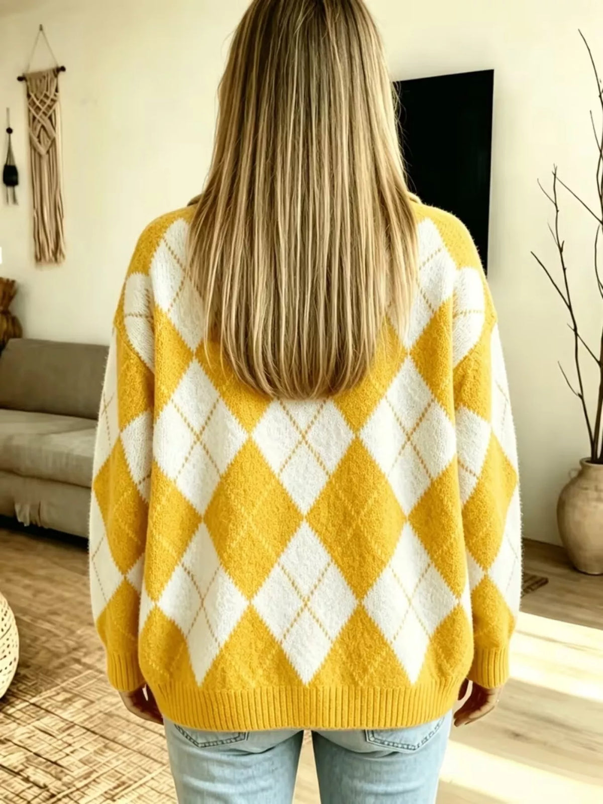 Women's Argyle Pattern Polo Collar Sweater in yellow and white — back view