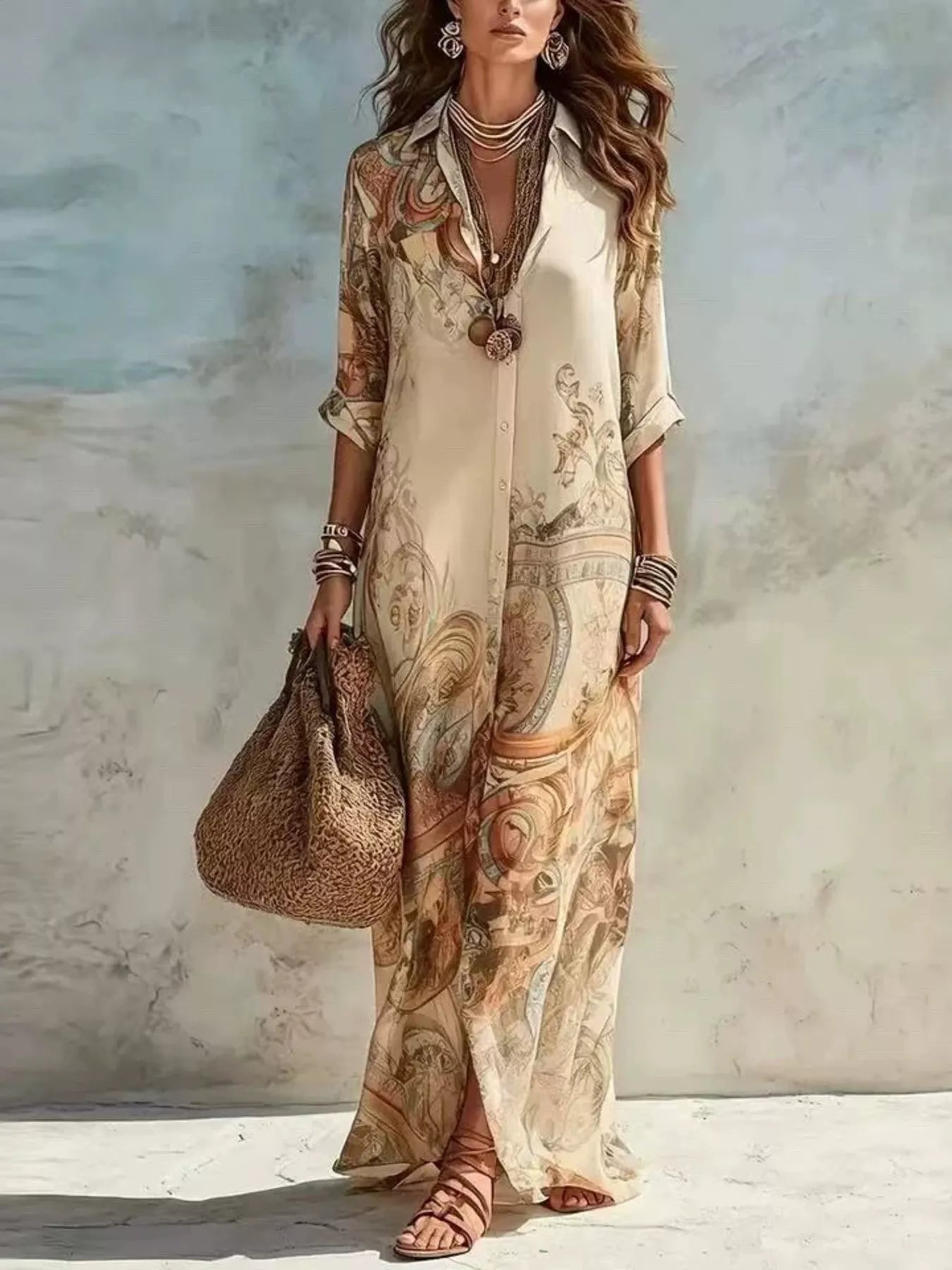 Trendsi Full Size Printed Button Down Roll-Up Sleeve Shirt Maxi Dress Plus Size -