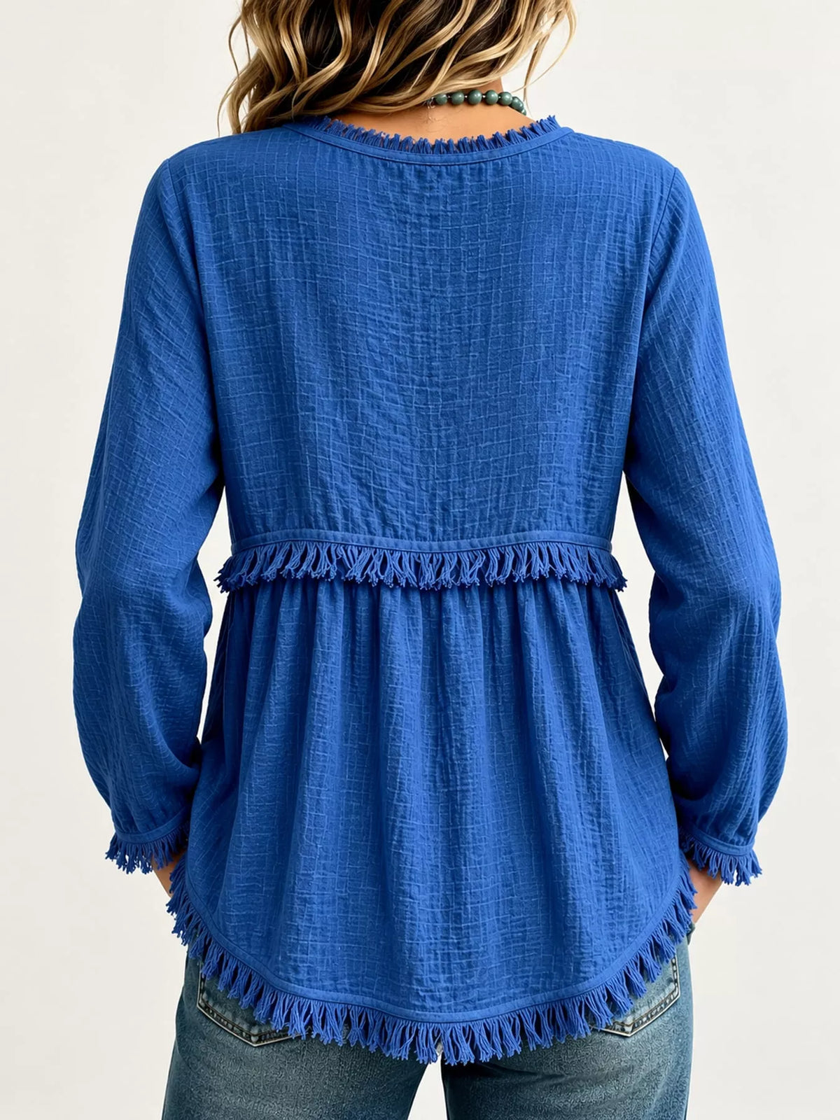 Fringe-trim blouse, blue back