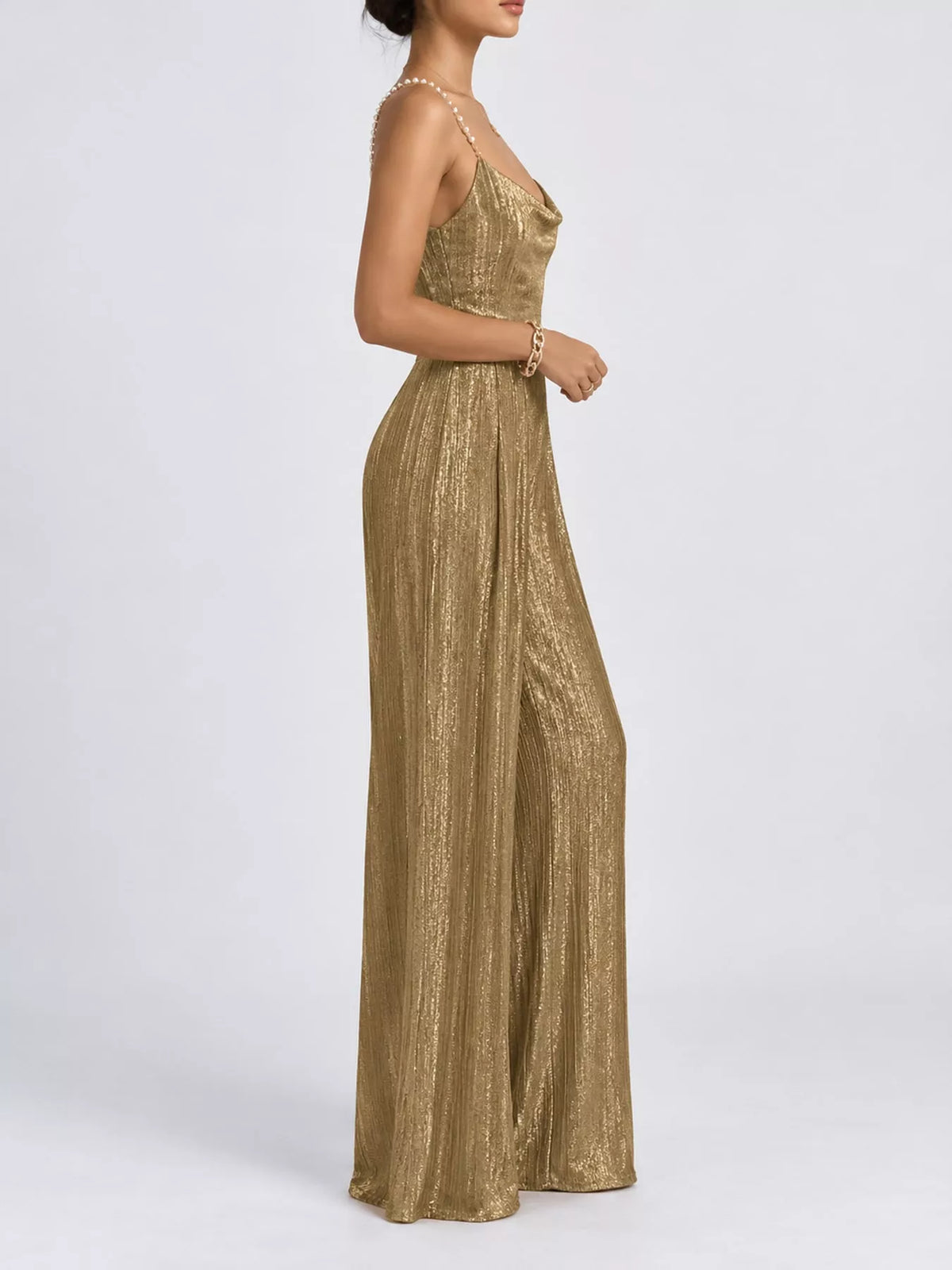 Metallic Wide-Leg Jumpsuit with Pearl Strap Detail in gold