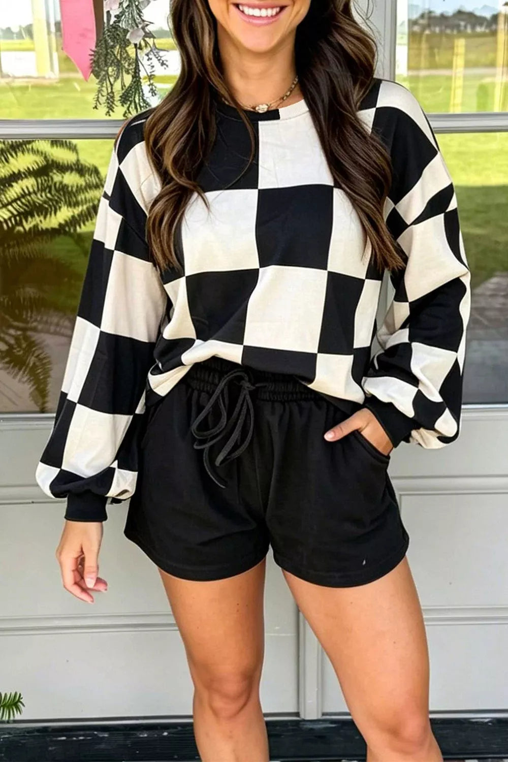 Trendsi Checkerboard Print Sweatshirt and Shorts Set -