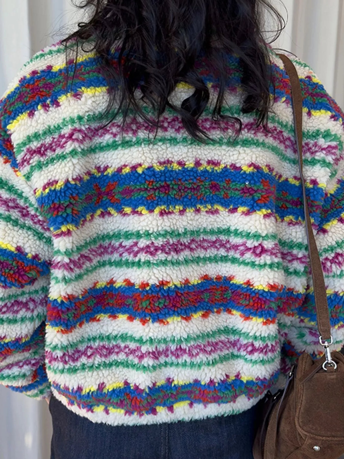 Multicolor colorful patterned sherpa zip up jacket, back view