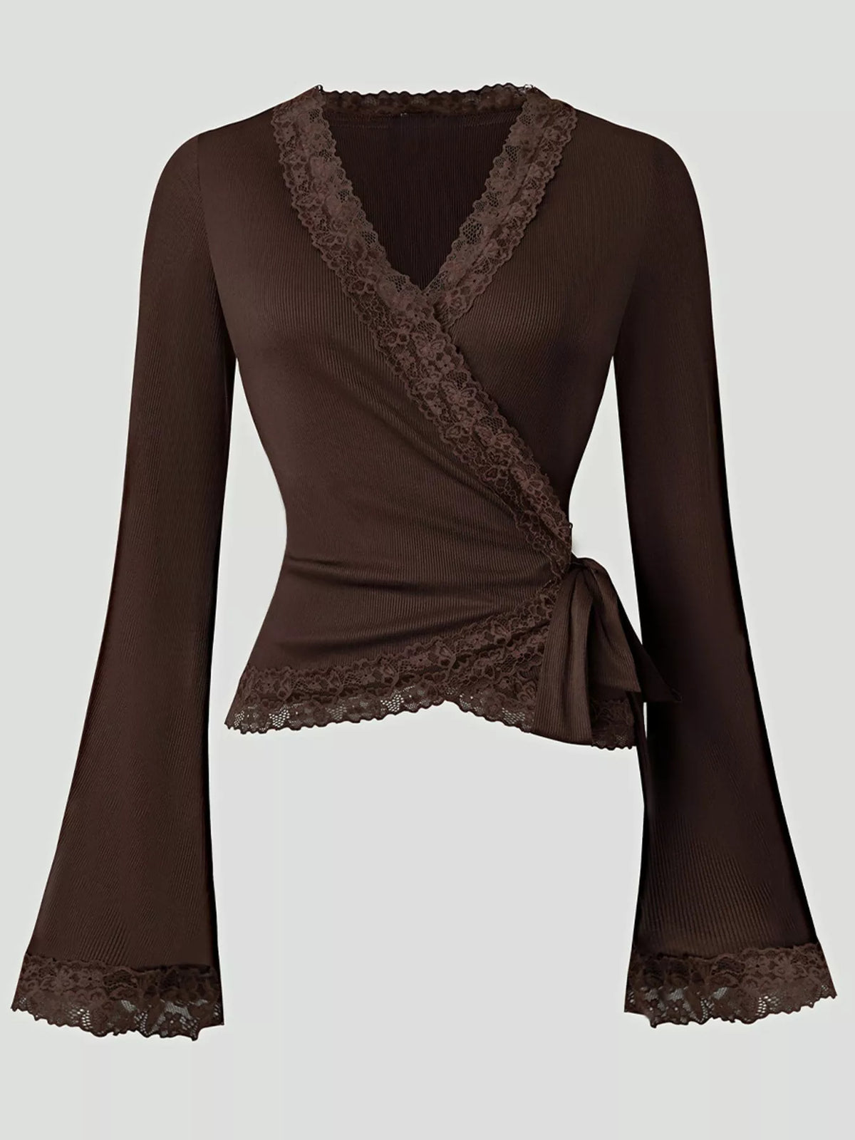 Women's Lace Trim Flare Sleeve Blouse in brown — flat lay view
