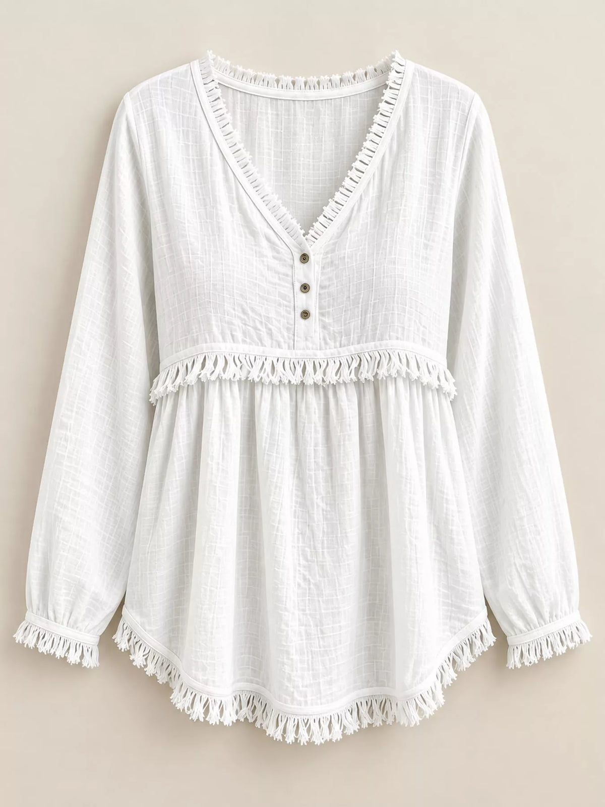 Fringe-trim blouse, white hanging front