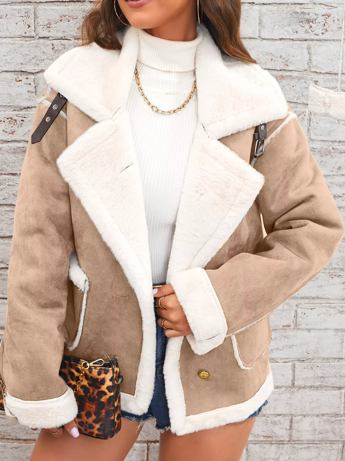 Tan plush-lined button-front jacket — front view