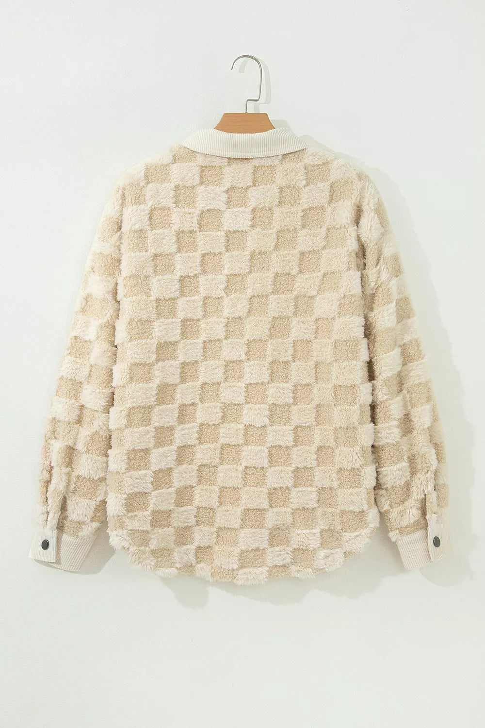 Trendsi Plush Checkered Corduroy Trim Metal Button Long Sleeve Shift Silhouette Shacket -