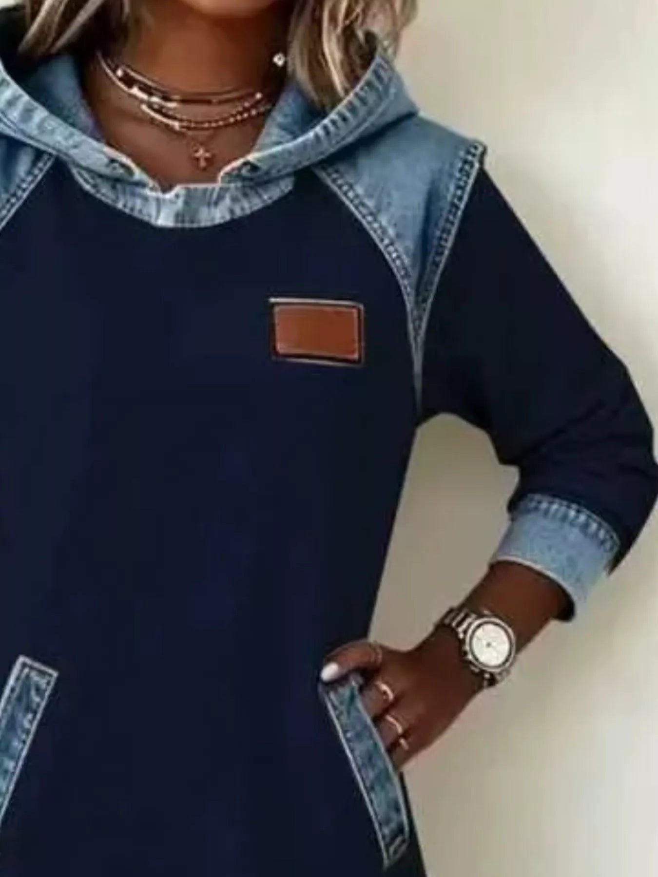 Trendsi Full Size Denim Patchwork Hooded Sweatshirt Dress Plus Size -