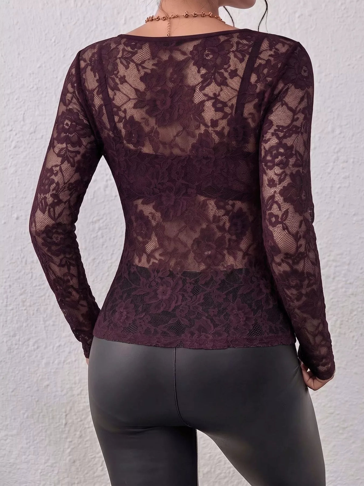 Purple sheer floral lace long sleeve top with scalloped V-neck, back view