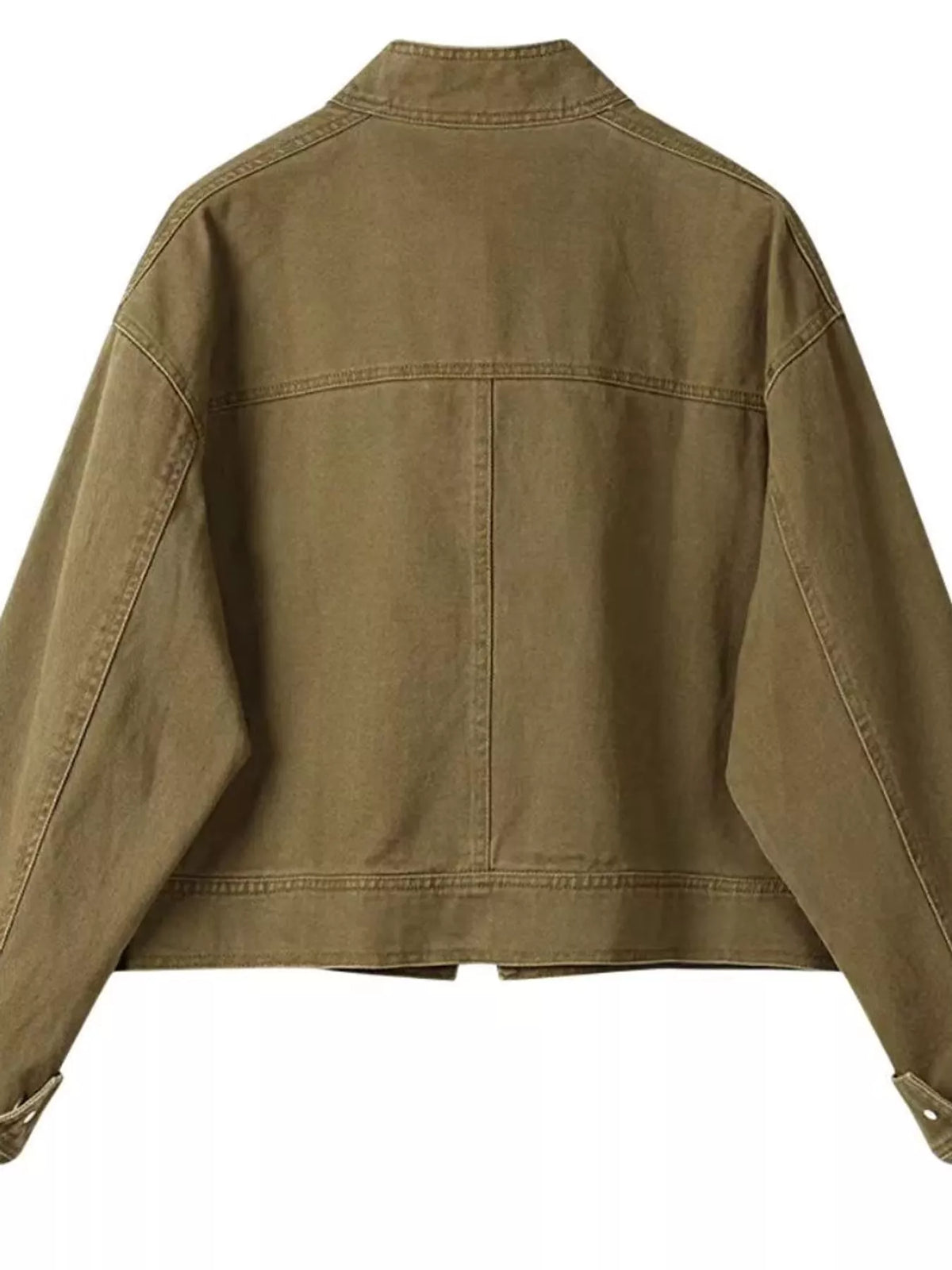 Women's Button Up Dropped Shoulder Denim Jacket in olive — flat lay view