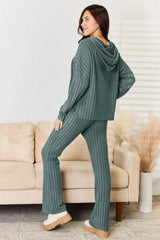 Trendsi Basic Bae Full Size Ribbed Drawstring Hooded Top and Straight Pants Set -