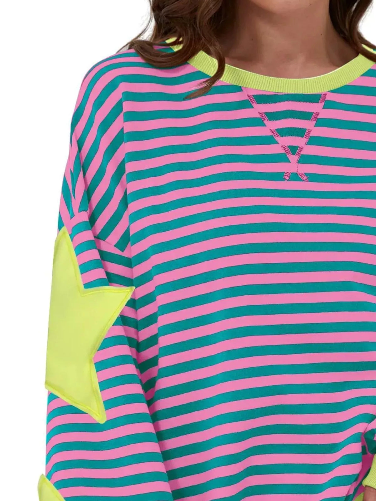 Pink and Teal Star-Patch Striped Oversized Sweatshirt neckline detail