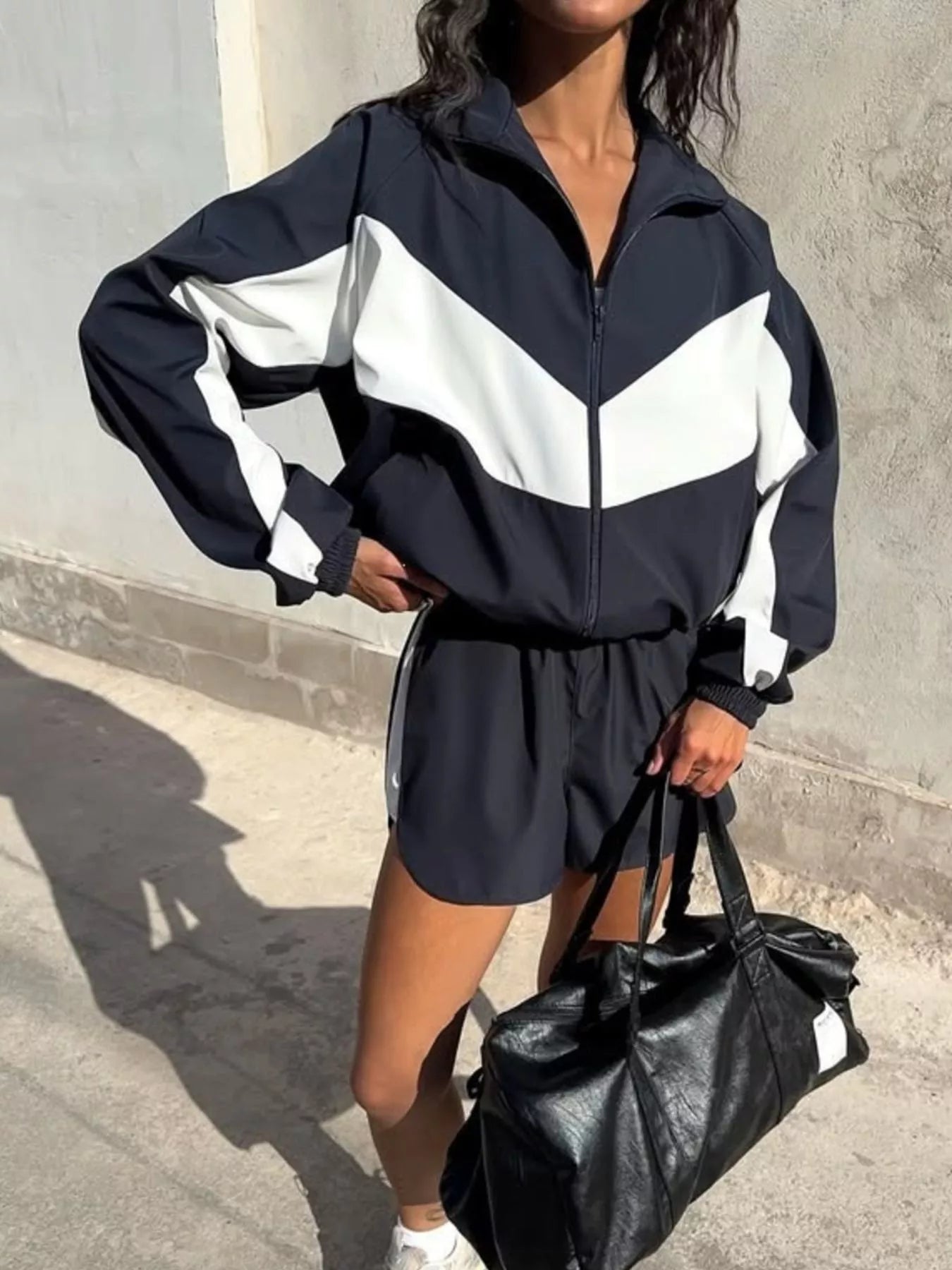 Trendsi Color-Block Zip-Up Jacket and Shorts Set -