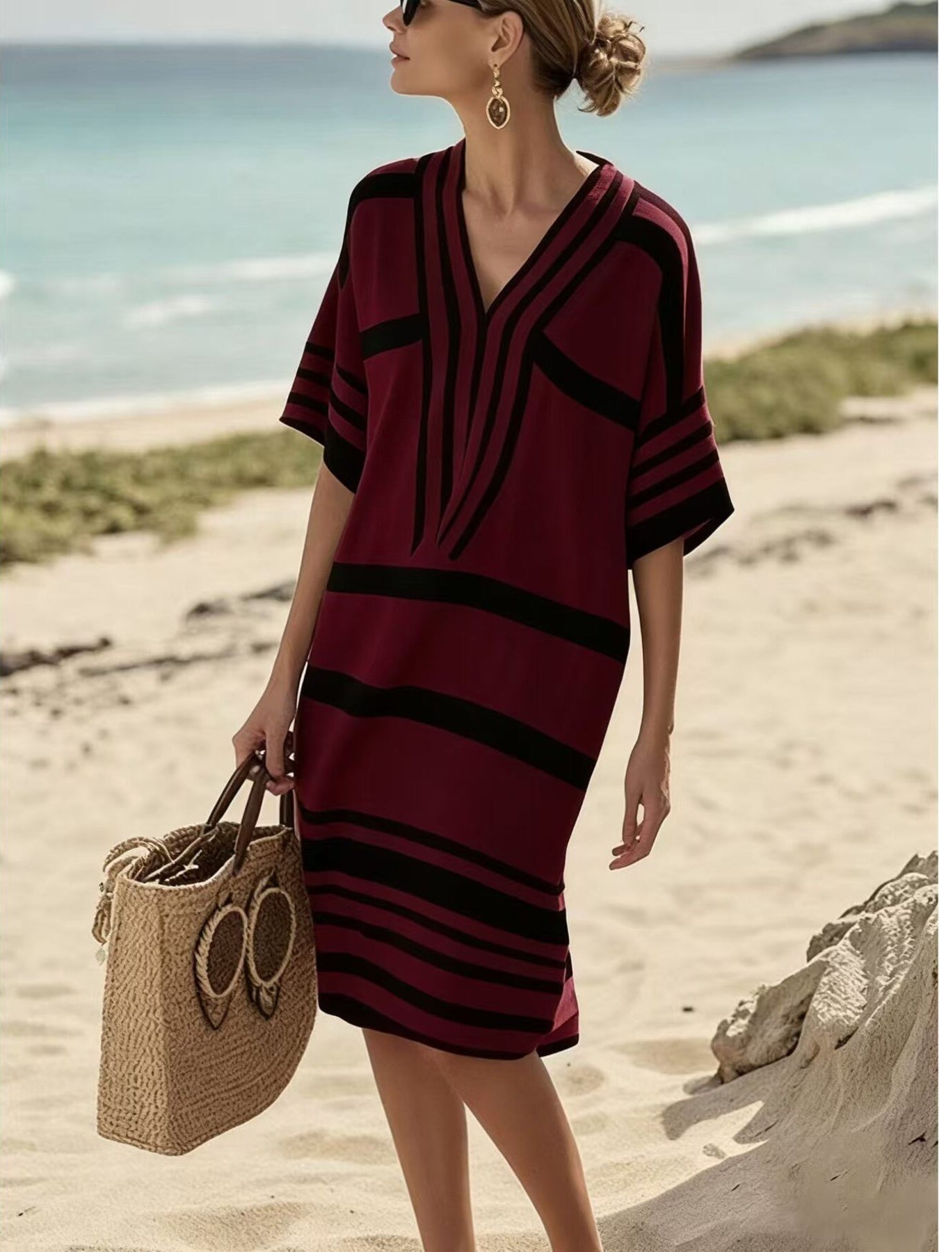 Trendsi Full Size Striped Half Sleeve Midi Dress Plus Size -