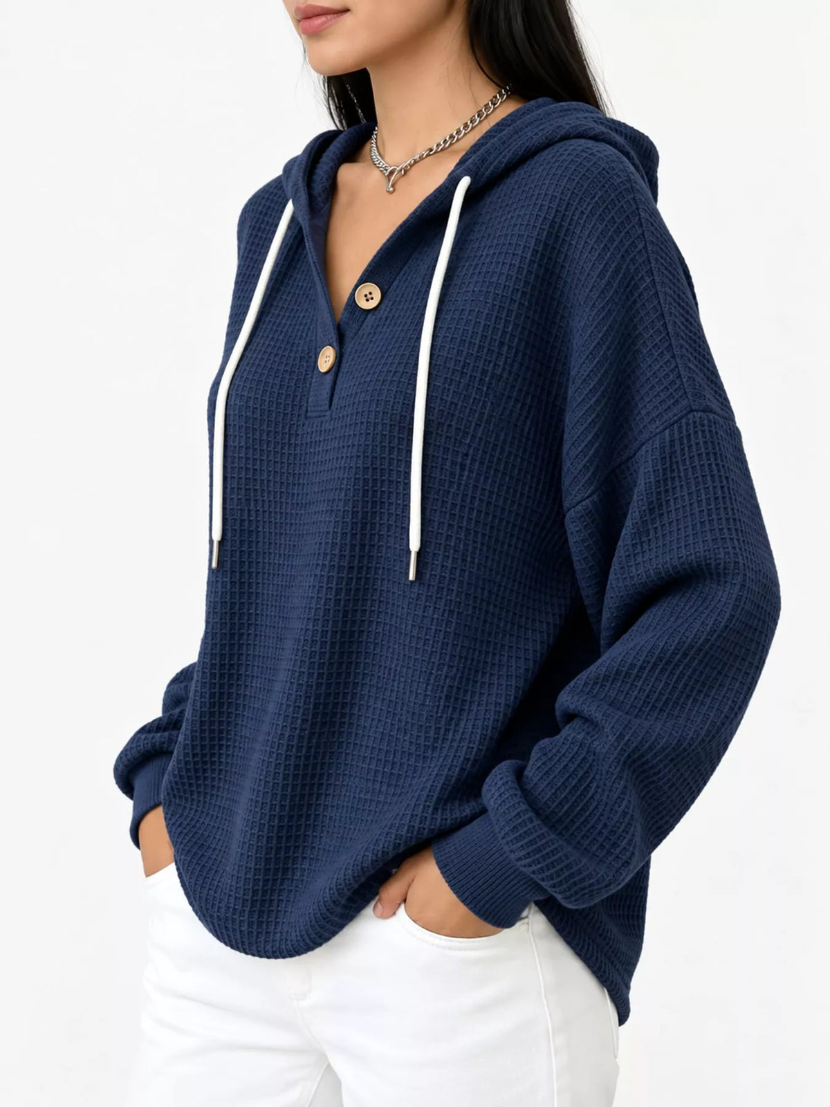 Waffle-knit hoodie, navy side