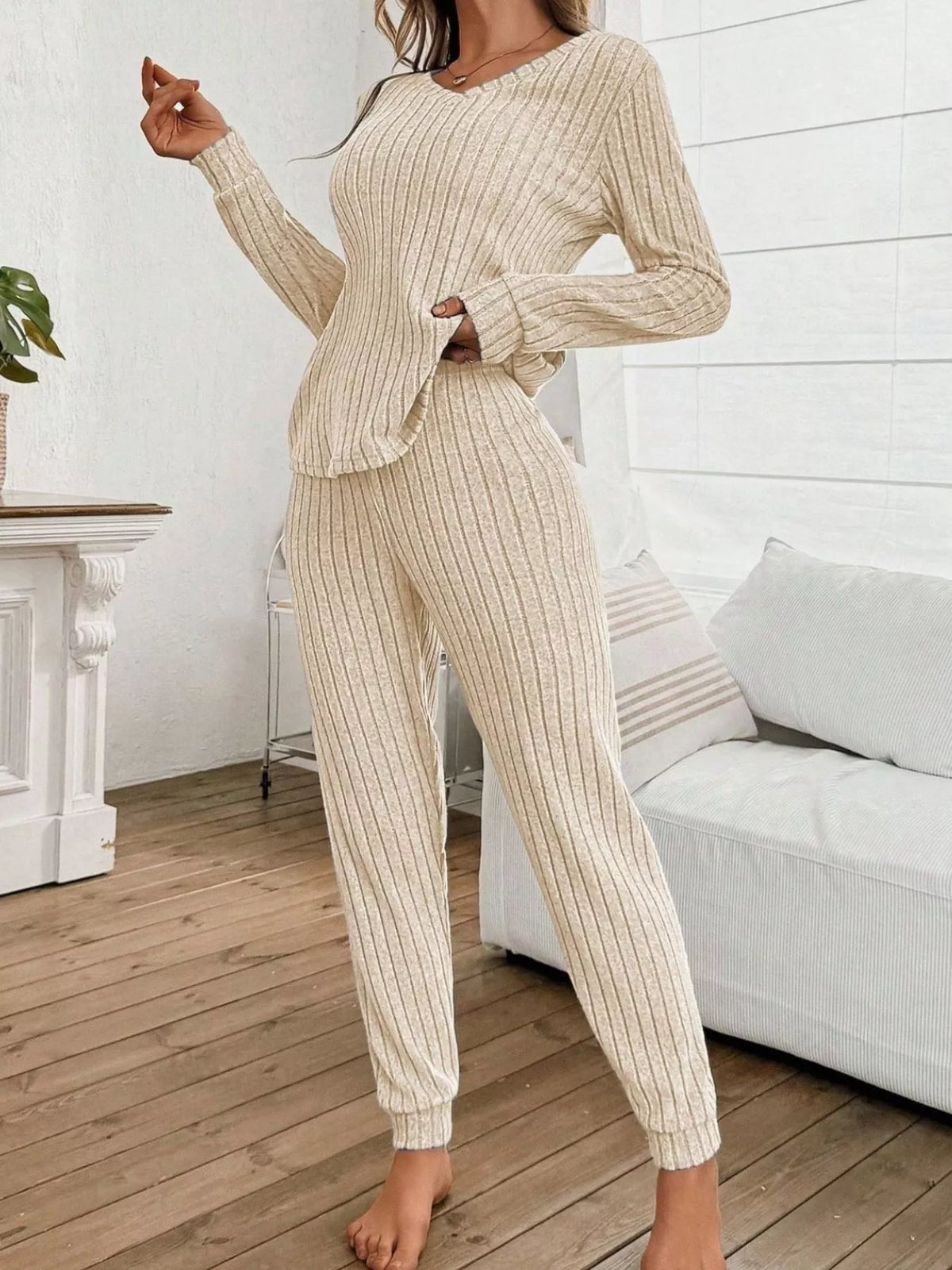 Ribbed Knit Long Sleeve Top and Pants Loungewear Set — front view