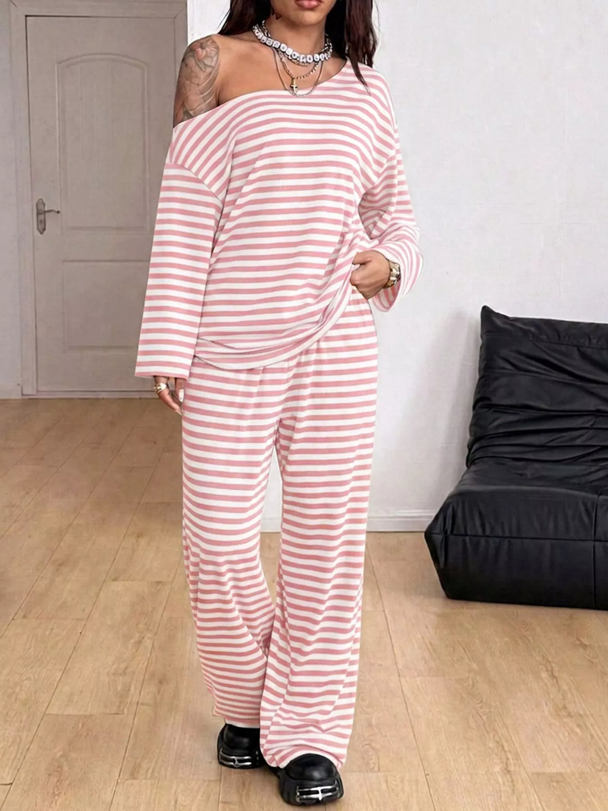 Off-Shoulder Striped Long Sleeve Top and Wide Leg Pants Set in blush pink