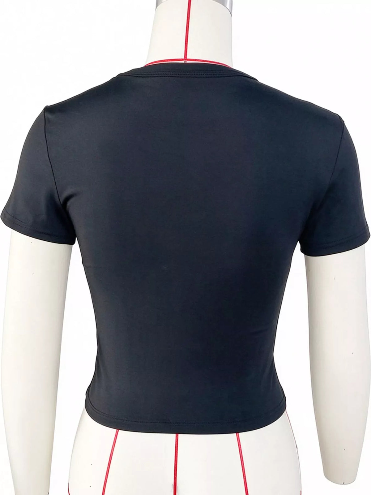Black crew neck crop T-shirt, back on mannequin