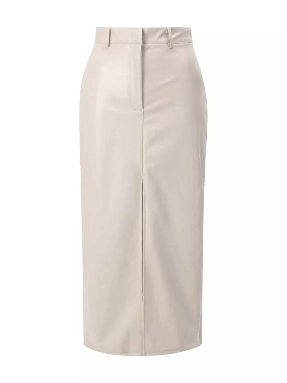 High-Waisted Faux Leather Maxi Skirt with Front Slit — garment front