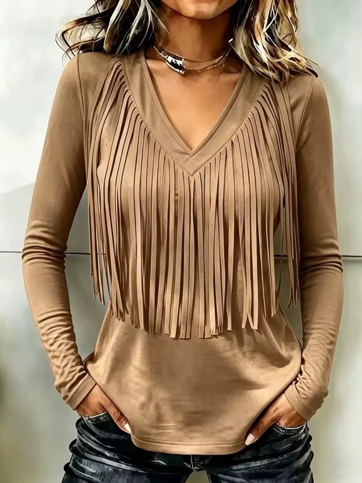 Tan fringe V-neck top, front view