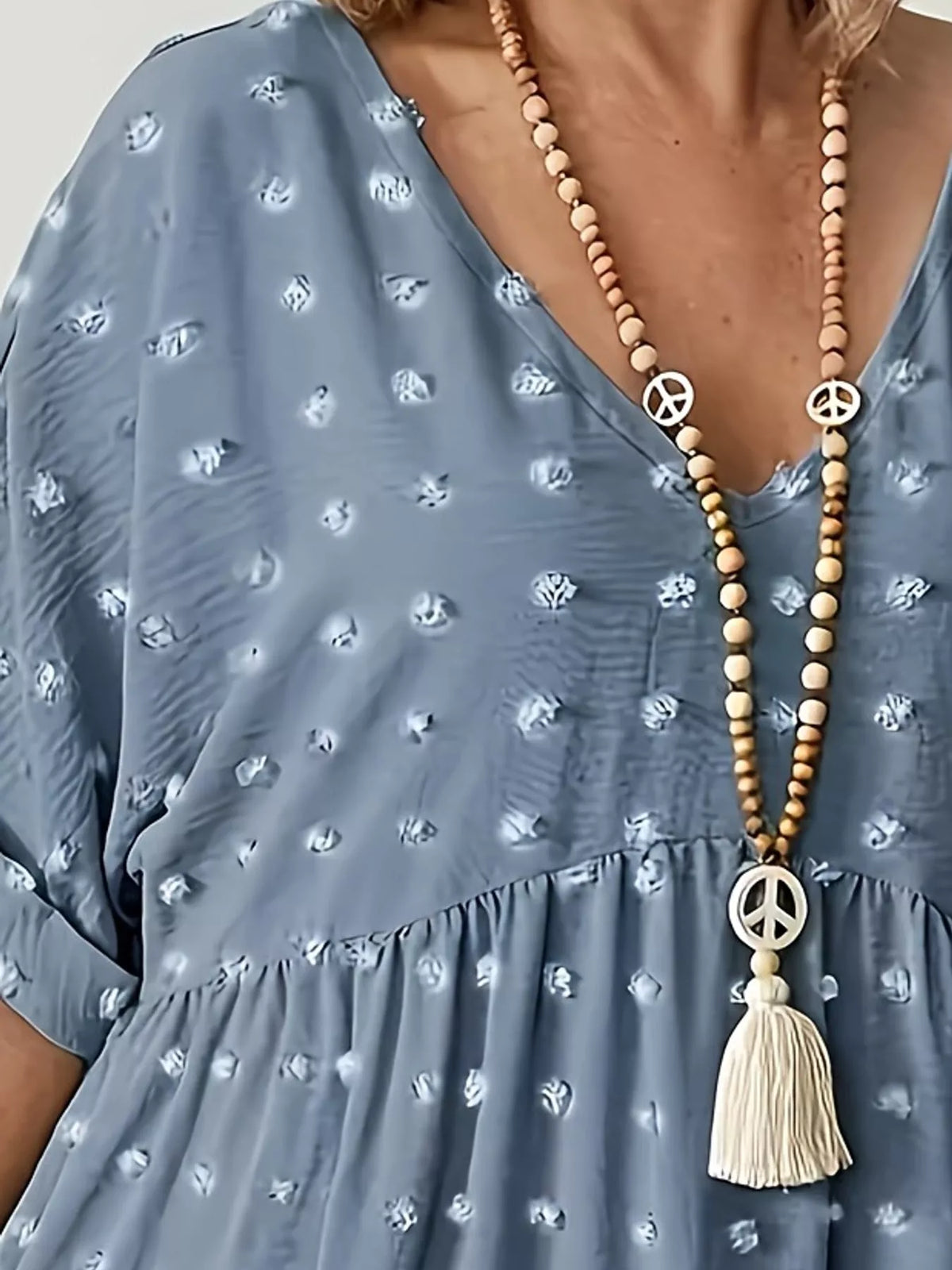 Swiss-dot blouse, dusty blue neckline detail
