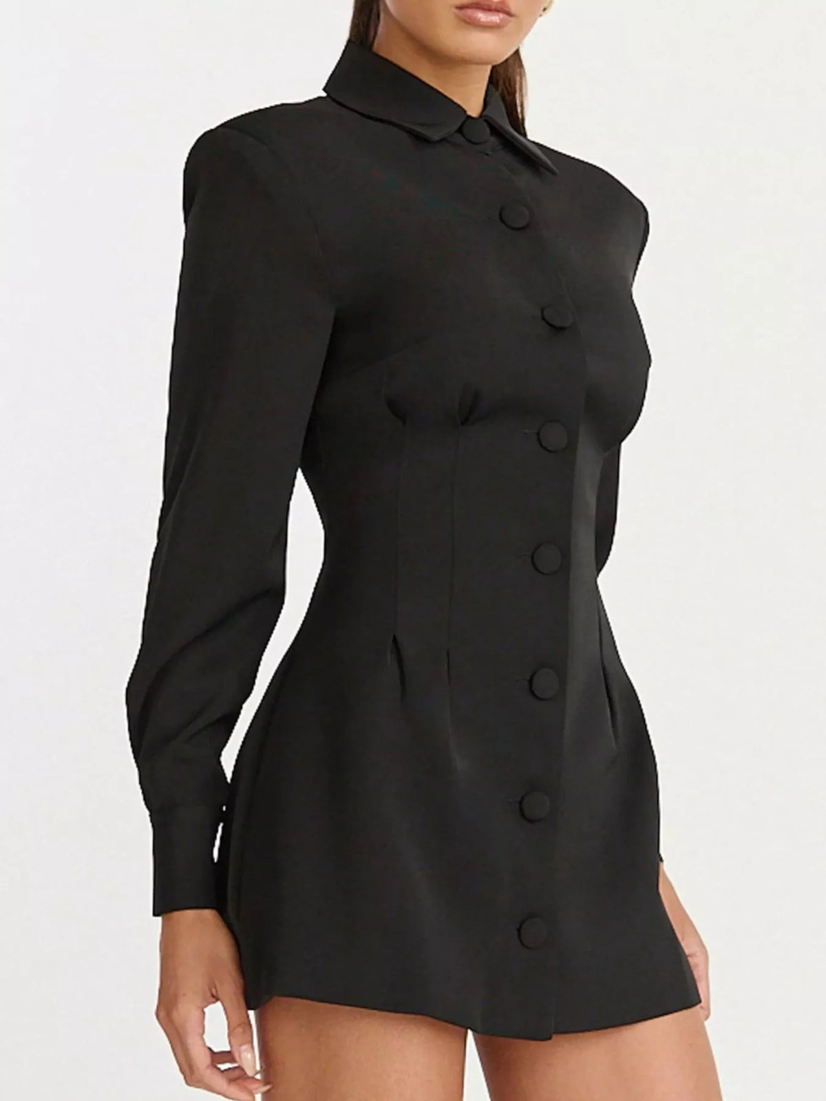 Corset-style mini blazer dress — black three-quarter view view.