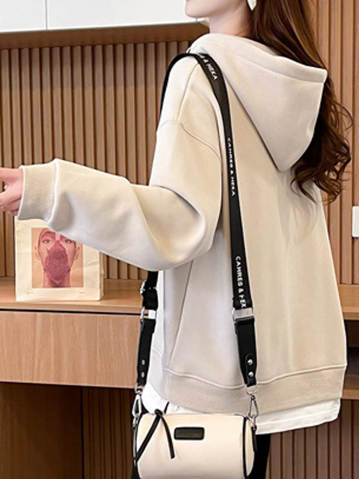 Cream layered look dropped shoulder hoodie, side view