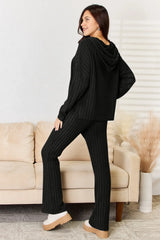 Trendsi Basic Bae Full Size Ribbed Drawstring Hooded Top and Straight Pants Set -
