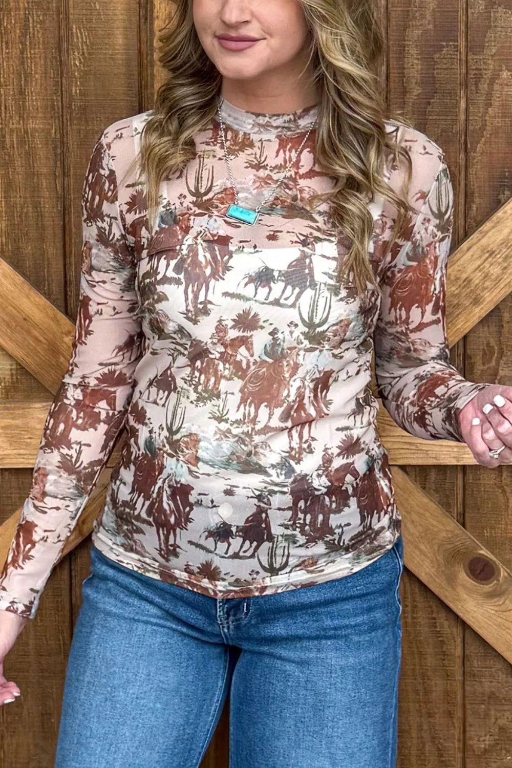 Trendsi Western Scene Mesh Long Sleeve Top -