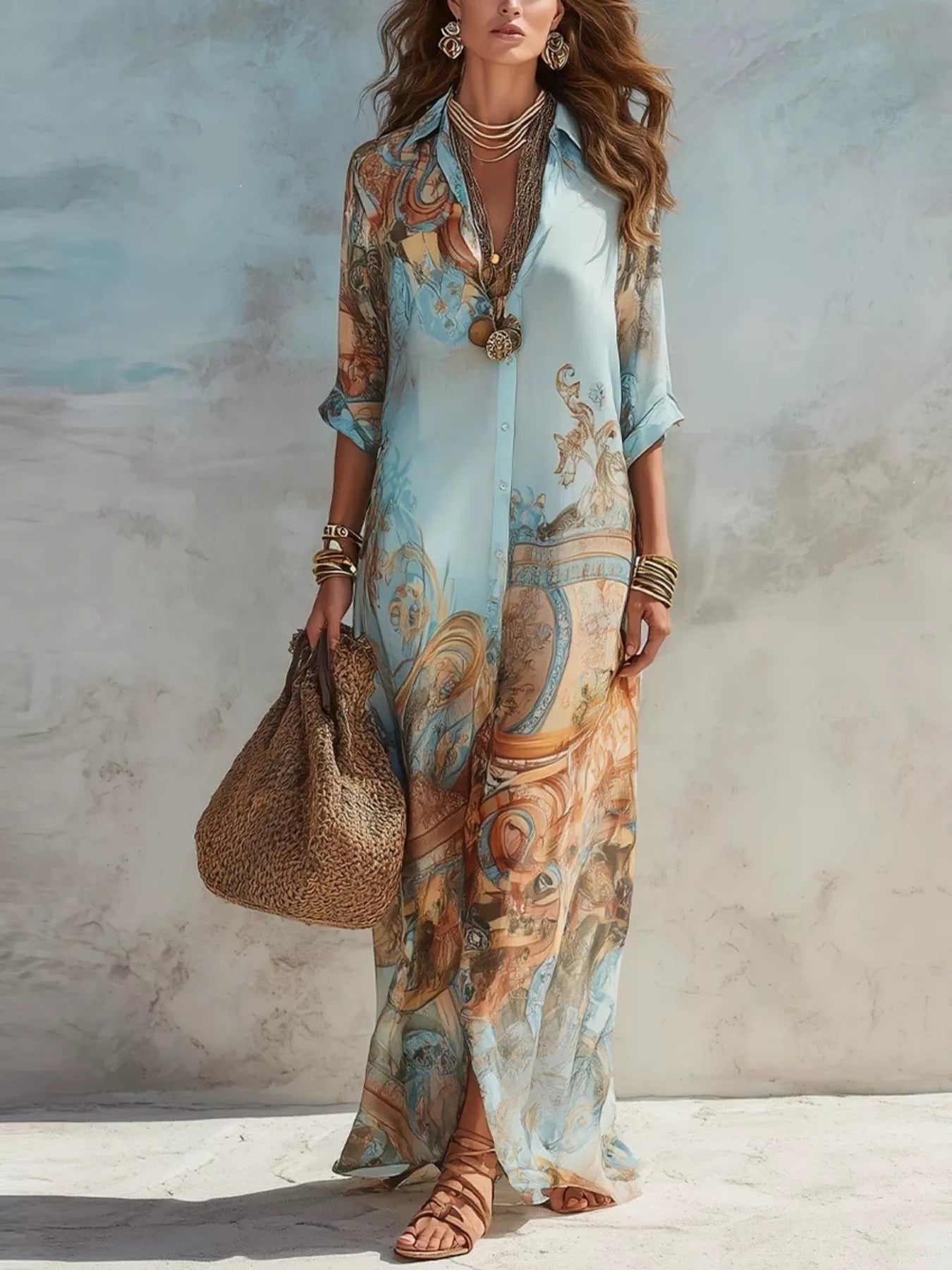 Trendsi Full Size Printed Button Down Roll-Up Sleeve Shirt Maxi Dress Plus Size -