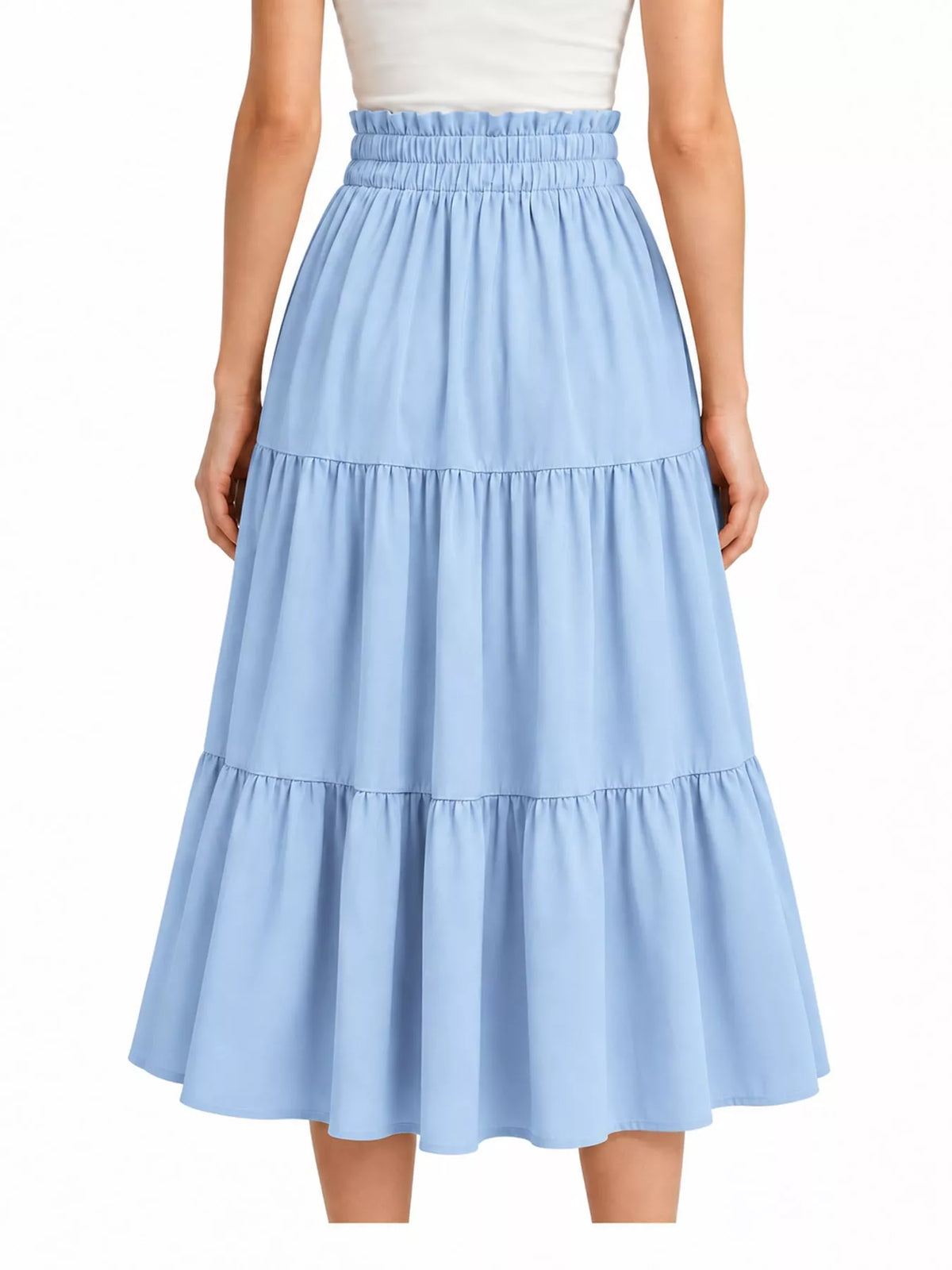Light blue drawstring tiered skirt — back view